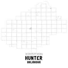 Hunter Oklahoma. US street map with black and white lines.
