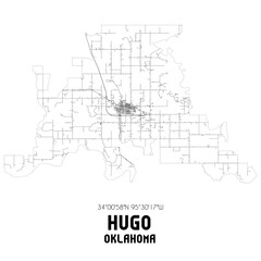 Hugo Oklahoma. US street map with black and white lines.