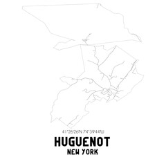 Huguenot New York. US street map with black and white lines.
