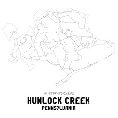 Hunlock Creek Pennsylvania. US street map with black and white lines.
