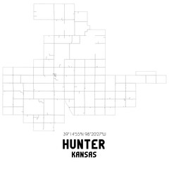 Hunter Kansas. US street map with black and white lines.