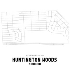 Huntington Woods Michigan. US street map with black and white lines.