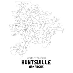 Huntsville Arkansas. US street map with black and white lines.