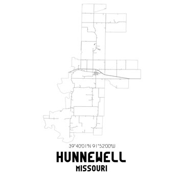 Hunnewell Missouri. US street map with black and white lines.