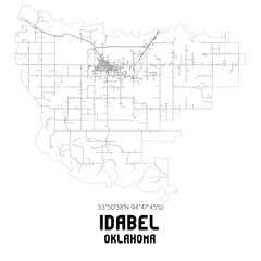 Idabel Oklahoma. US street map with black and white lines.