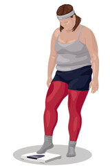 Overweight women after  a workout gets on the scales.