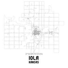 Iola Kansas. US street map with black and white lines.