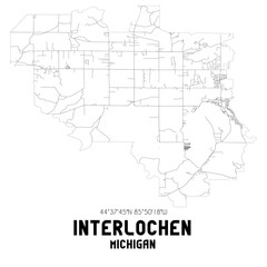 Interlochen Michigan. US street map with black and white lines.