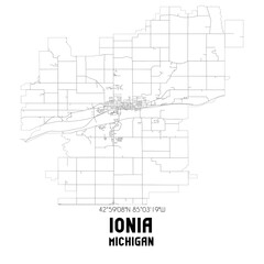 Ionia Michigan. US street map with black and white lines.