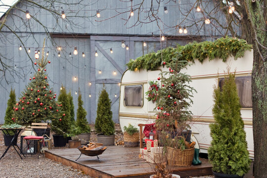 Vintage old trailer with Christmas decorations