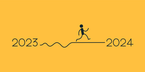 New Year illustration of a man walking in a line. The path is from 2023 to 2024. Vector image on a yellow background.