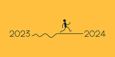 New Year illustration of a man walking in a line. The path is from 2023 to 2024. Vector image on a yellow background.