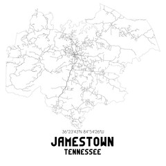 Jamestown Tennessee. US street map with black and white lines.