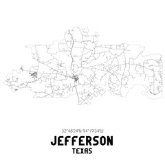 Jefferson Texas. US street map with black and white lines.