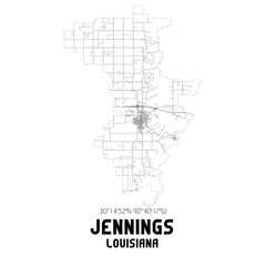 Jennings Louisiana. US street map with black and white lines.