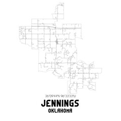 Jennings Oklahoma. US street map with black and white lines.