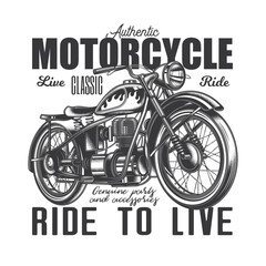 Fototapeta na wymiar Original monochrome vector illustration in retro style. American motorcycle custom made.