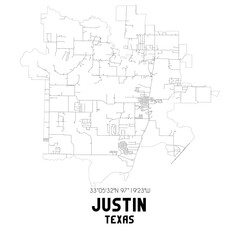 Justin Texas. US street map with black and white lines.