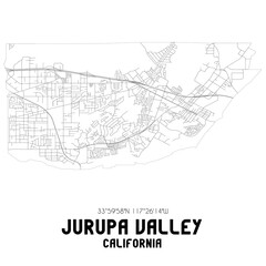 Jurupa Valley California. US street map with black and white lines.