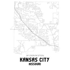 Kansas City Missouri. US street map with black and white lines.