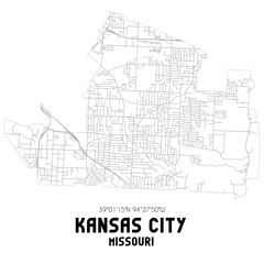 Kansas City Missouri. US street map with black and white lines.