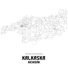 Kalkaska Michigan. US street map with black and white lines.