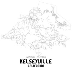 Kelseyville California. US street map with black and white lines.