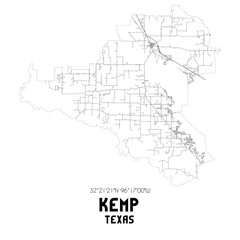 Kemp Texas. US street map with black and white lines.
