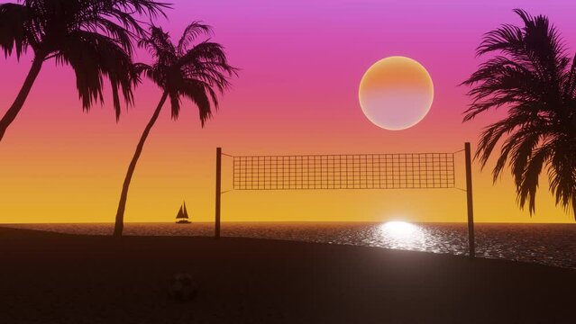 Ocean beach with tropical palm trees, beach volleyball court at sunset. 3d Synthwave stylized animated background. Seamless loop.