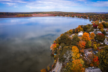 Fototapeta na wymiar Drone of Budd Lake, Mount Olive New Jersey in the Autumn