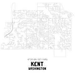 Kent Washington. US street map with black and white lines.