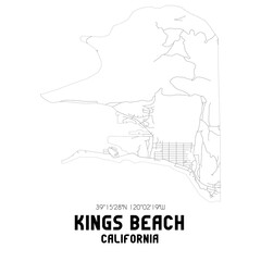 Kings Beach California. US street map with black and white lines.