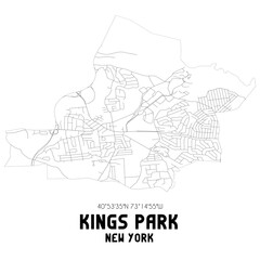 Kings Park New York. US street map with black and white lines.