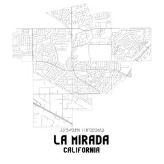 La Mirada California. US street map with black and white lines.