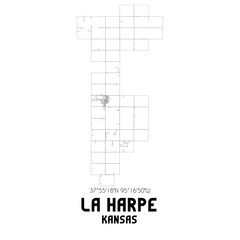 La Harpe Kansas. US street map with black and white lines.