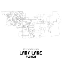 Lady Lake Florida. US street map with black and white lines.