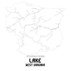Lake West Virginia. US street map with black and white lines.