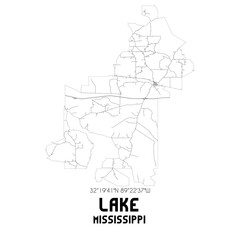 Lake Mississippi. US street map with black and white lines.