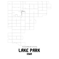 Lake Park Iowa. US street map with black and white lines.