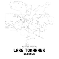 Lake Tomahawk Wisconsin. US street map with black and white lines.