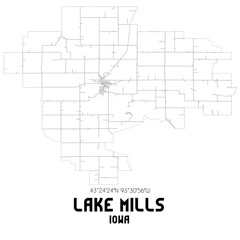 Lake Mills Iowa. US street map with black and white lines.