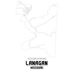 Lanagan Missouri. US street map with black and white lines.