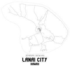 Lanai City Hawaii. US street map with black and white lines.