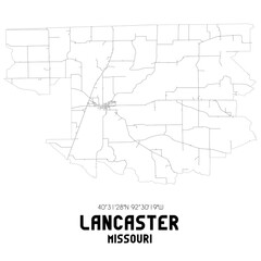Lancaster Missouri. US street map with black and white lines.
