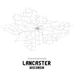 Lancaster Wisconsin. US street map with black and white lines.