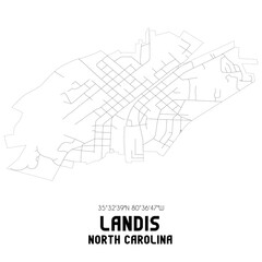 Landis North Carolina. US street map with black and white lines.