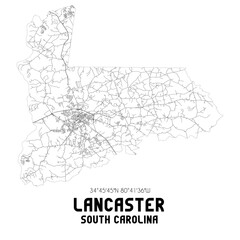 Lancaster South Carolina. US street map with black and white lines.