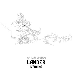 Lander Wyoming. US street map with black and white lines.