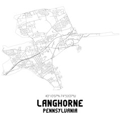 Langhorne Pennsylvania. US street map with black and white lines.