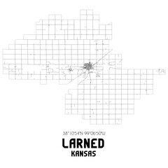 Larned Kansas. US street map with black and white lines.